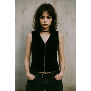 Vintage 90s Rafaella Withcy Black Velvet Whimsigoth V Neck ZipUp Vest Size 8